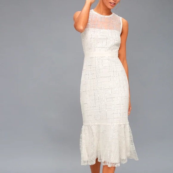 Lulu's “Classy Missy” White Silver Sequin Peplum Midi Shiny Formal Dance Dress - Picture 10 of 14